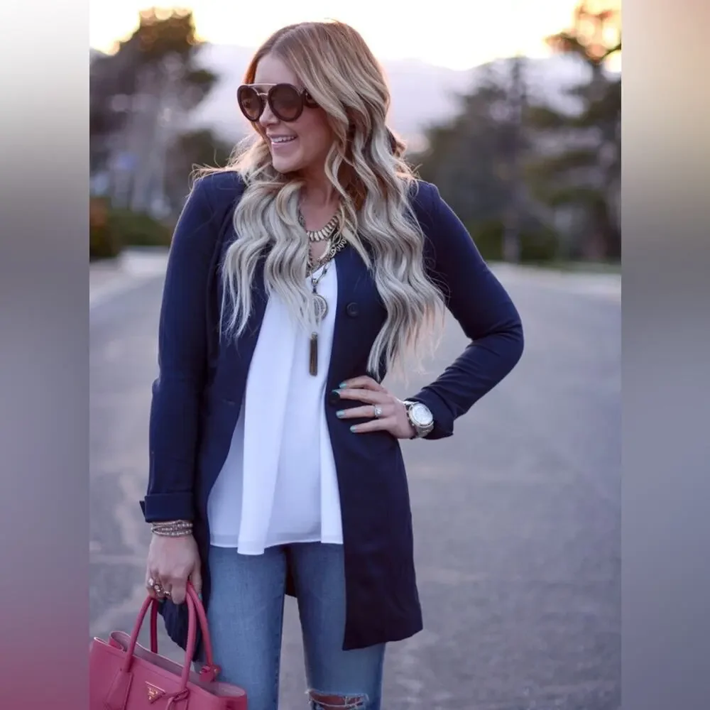CABi Lido Thick Ponte Knit Longline Button Front Cardigan Navy‎ BlazerJacket sm